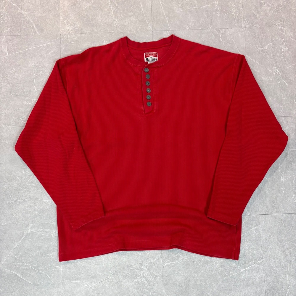 Vintage Marlboro Unlimited Red Ribbed Henley Shirt XL Long Sleeve Made in USA
